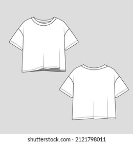 Drop Shoulder Crop top Loose fit Fashion t shirt top  blouse cad  drawinng template design vector