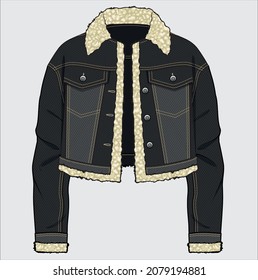 DROP SHOULDER CROPPED LENGTH COLOR BLOCK DENIM JACKET WITH SHEARLING TRIMS DETAIL DESIGNED FOR WOMEN AND TEEN GIRLS IN VECTOR ILLUSTRATION