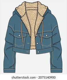 DROP SHOULDER CROPPED LENGTH DENIM JACKET WITH SHEARLING TRIMS DETAIL DESIGNED FOR WOMEN AND TEEN GIRLS IN VECTOR ILLUSTRATION