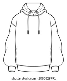 Drop Shoulder Drawstring Hoodie Jacket Unisex Long Sleeve Sweatshirt Fashion Template Flat Sketch Vector Illustration