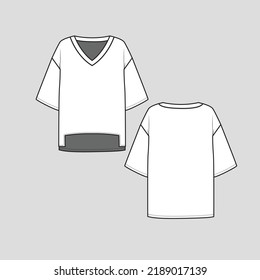 Drop Shoulder Fashion Cut hem Top v neck fashion t shirt top blouse Flat Sketch technical drawing template design vector