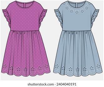 DROP SHOULDER FRILL SLEEVES DRESS DESIGNED FOR TEEN AND KID GIRLS IN VECTOR ILLUSTRATION FILE