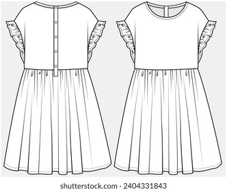 DROP SHOULDER FRILL SLEEVES DRESS DESIGNED FOR TEEN AND KID GIRLS IN VECTOR ILLUSTRATION FILE