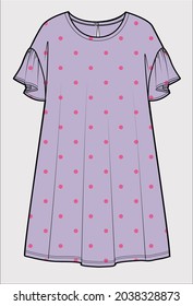 DROP SHOULDER FRILL SLEEVES POLKA DOT KNIT DRESS FOR GIRLS WEAR VECTOR ILLUSTRATION