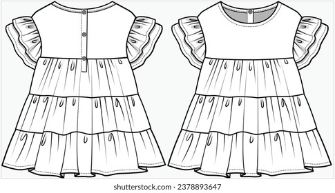 DROP SHOULDER FRILL SLEEVES  WOVEN-KNIT DRESS DESIGNED FOR INFANT GIRL TODDLER GIRL AND BABY GIRLS IN VECTOR ILLUSTRATION