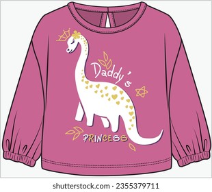 DROP SHOULDER FULL SLEEVES KNIT TOP WITH CUTE DINO GRAPHICS AND BACK OPENING DETAIL DESIGNED FOR INFANT GIRL, TODDLER GIRL AND BABY GIRL IN VECTOR ILLUSTRATION