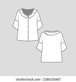 Drop Shoulder Henley Neck Ruffles top full open button panel placket Layered Ruffles elbow Sleeve T shirt Top blouse Fashion flat sketch technical drawing template