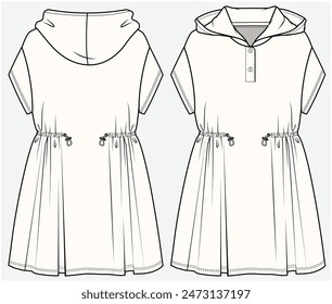 VESTIDO DEPORTIVO CON CAPUCHA DE HOMBRO CON DETALLE DE CINTURA DE ALTERNANCIA ELÁSTICA DISEÑADO PARA ADOLESCENTES Y NIÑAS EN ARCHIVO DE ILUSTRACIÓN VECTORIAL