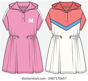 VESTIDO DEPORTIVO CON CAPUCHA DE HOMBRO CON DETALLE DE CINTURA DE ALTERNANCIA ELÁSTICA DISEÑADO PARA ADOLESCENTES Y NIÑAS EN ARCHIVO DE ILUSTRACIÓN VECTORIAL