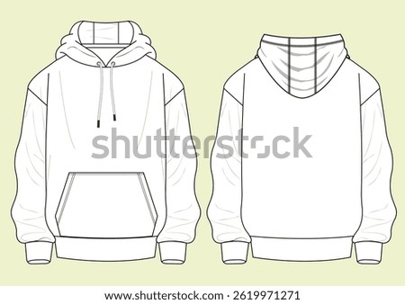 Drop shoulder hoodie technical drawing fashion flat illustration sketch vector illustration template front and back views outline CAD mockup