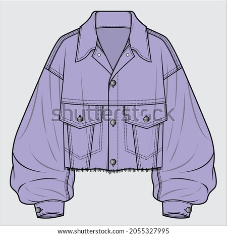 DROP SHOULDER OVERSIZE CROPPED COLORED DENIM JACKET WITH UNFINISH HEMLINE DESIGNED FOR WOMEN AND TEEN GIRLS IN VECTOR ILLUSTRATION