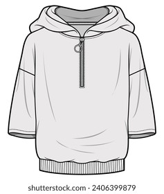 Drop Shoulder Oversized Short Sleeve Hoodie Fashion Flat Sketch Vector Illustration, CAD, Technical Drawing, Flat Drawing, Template, Mockup.