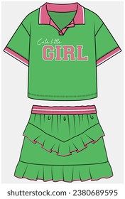 DROP SHOULDER POLO TOP PAIRED WITH CHEVRON PATTERN RUFFLE DETAIL SKIRT DESIGNED FOR TEEN AND KID GIRLS IN VECTOR ILLUSTRATION