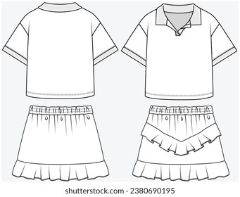 DROP SHOULDER POLO TOP PAIRED WITH CHEVRON PATTERN RUFFLE DETAIL SKIRT DESIGNED FOR TEEN AND KID GIRLS IN VECTOR ILLUSTRATION