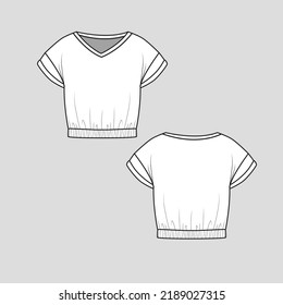 Drop Shoulder roll up Sleeve Crop Top Gathering Hem v neck t shirt top blouse fashion  Flat Sketch technical drawing template design vector