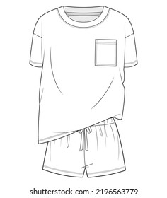 drop shoulder short sleeve crew neck oversize t shirt and drawstring elastic waist band short pant flat sketch vector illustration sleepwear, casual wear, pyjama set cad drawing mockup template.