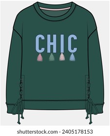 DROP SHOULDER SWEAT SHIRT WITH TIE UP DETAIL DESIGNED FOR TEEN GIRLS AND KID GIRLS IN VECTOR ILLUSTRATION FILE