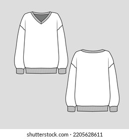 Drop Shoulder Sweatshirt V Neck Ribbed Cuff Hem Winter Fashion Flat Sketch Template Technical Drawing