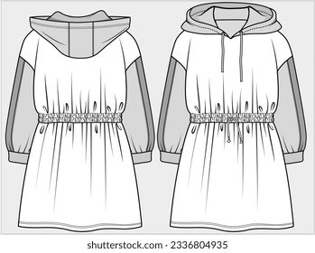 DROP SHOULDER TAPING DETAIL LONG SLEEVES SWEAT DRESS WITH HOODIE AND ELASTICATED WAIST DETAIL DESIGNED FOR WOMEN TEEN GIRLS AND KID GIRLS IN VECTOR FILE