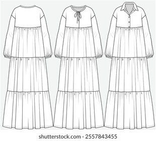 DROP SHOULDER TIERED DRESS WITH LONG SLEEVES DETAIL DESIGNED FOR YOUNG WOMEN AND WOMEN IN VECTOR FILE