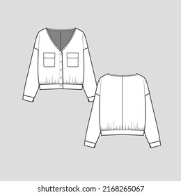 Drop Shoulder V Neck full open top button panel flap pocket Gathering panel hem t shirt top blouse tee  long sleeve fashion flat sketch technical drawing template design vector