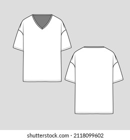 Drop Shoulder v neck t shirt top blouse Unisex short sleeve cad mock up Flat Sketch technical drawing template design vector