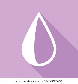 Drop sign. White Icon with long shadow at purple background. Illustration.