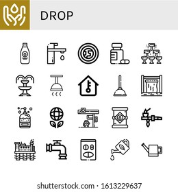 drop simple icons set. Contains such icons as Water, Milk bottle, Faucet, Atmosphere, Medicine, Champagne, Fountain, Shower, Temperature, can be used for web, mobile and logo