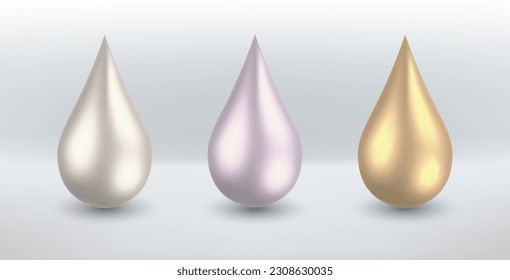 Drop of slightly shiny cream in several shades. Realistic drop of liquid or molten steel like gold silver. 3D vector illustration.

