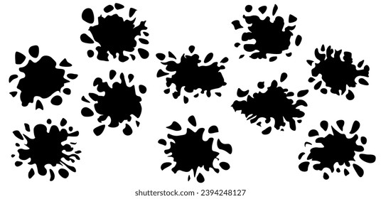 Drop spatter, blot splatters, silhouettes. Vector Abstract artistic ink splatter paint splatter, drops, dots, wet dye prints. Big set of black watercolor paint brush texture. Grunge water, spray