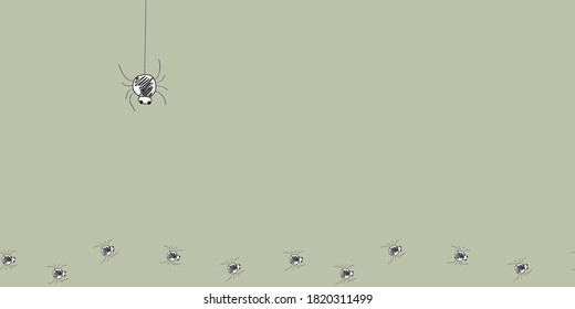 Drop in spider dropping in from the top with line of little ones skittering below on a gray background, vector illustration