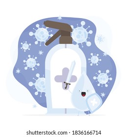 A drop with a sword and shield surrounded by virus molecules. Disinfectant in flat style. Microbial protection concept. Isolated. Vector.