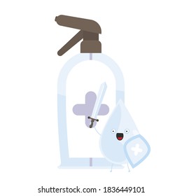 A drop with a sword and shield surrounded by virus molecules. Disinfectant in flat style. Microbial protection concept. Isolated. Vector.
