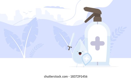 A drop with a sword and shield surrounded by virus molecules. Disinfectant in flat style. Microbial protection concept. Vector.