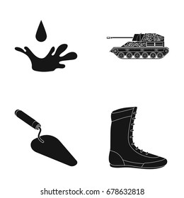 Drop, Tank and other web icon in black style. Trowel, Boxer Sneaker icons in set collection.
