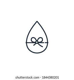 Drop tied with a festive ribbon with a bow. Cosmetic product. Vector linear icon isolated on white background.