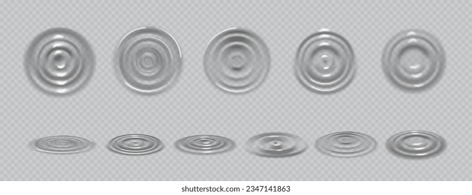 Drop traces on the water surface, realistic illustration collection. Isolated ripple texture, bubbles, and circles caused by raindrops. Liquid smoothness and splashes shape and design