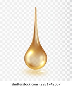 Drop of transparent golden cosmetic liquid. Oil yellow shapes isolated on transparent background. Cosmetic spa droplet