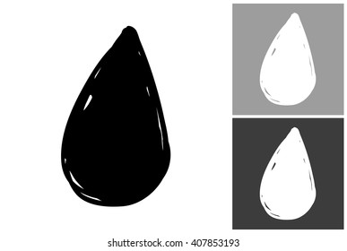 Drop vector hand drawn graphic image. Label with minimalistic shape drop. Isolated element on white, gray and black background. Paint imitation.