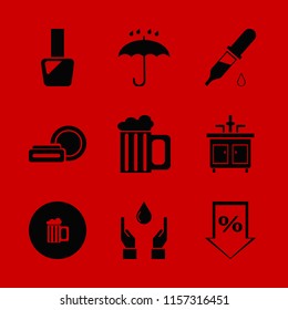 drop vector icons set. with cosmetic cream, faucet, umbrella and hands drop in set