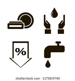 drop vector icons set. with hands drop, cosmetic cream, water tap and percent down in set