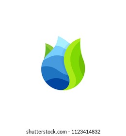 Drop vector logo. Water abstract icon. Sea wave inside drop with green leaf. Abstract simple isolated blue symbol, illustration on white background.