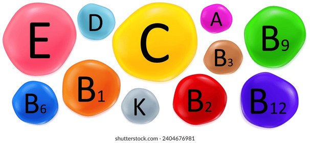 Caída de los vectores de vitamina A, C, B, D, E y K. Conjunto de iconos del complejo de vitaminas múltiples. Complemento multivitamínico.