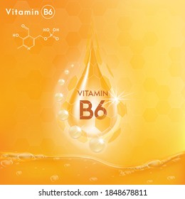 Drop Vitamin B6 and structure. realistic 3d gold bubbles Vector EPS10.