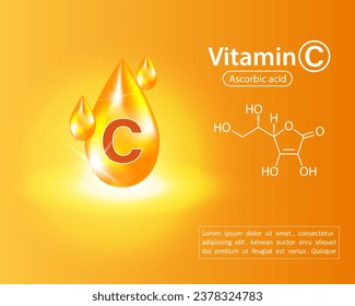 A drop of Vitamin C, orange and structure. Vitamin complex of tablets and chemical formula of serum with bubble collagen. Cosmetic care, nutrition, skin care, design. Medical and scientific concepts.