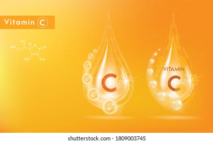Drop Vitamin C and structure. Medicine capsule, Golden substance. 3D Vitamin complex with chemical formula. Personal care and beauty concept. Vector Illustration
