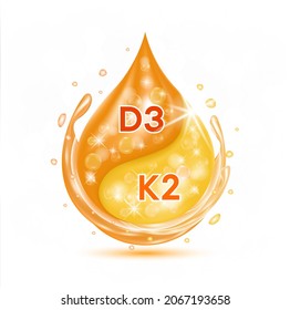 Drop vitamin D3 and K2 for bone health. Pharmaceutical Capsule with minerals orange. Medical and dietary supplement health care concept. 3D Vector EPS10