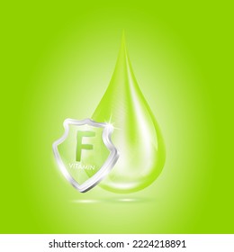 Drop vitamin F green and glass shield transparent reflection shining. Protection the body stay healthy. For skincare cosmetics, nutrition products food. Medical concepts. Isolated 3D realistic vector.