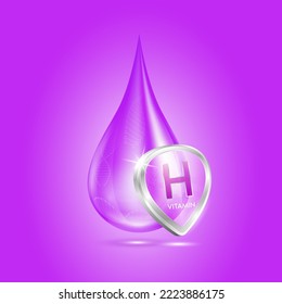 Drop vitamin H purple and glass shield transparent reflection shining. Protection the body stay healthy. For skincare cosmetics, nutrition products food. Medical concepts. Isolated 3D realistic vector