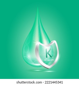 Drop vitamin K green and glass shield transparent reflection shining. Protection the body stay healthy. For skincare cosmetics, nutrition products food. Medical concepts. Isolated 3D realistic vector.